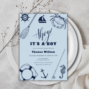 Simple Modern Nautical Fishing Boy Baby Shower  Invitation