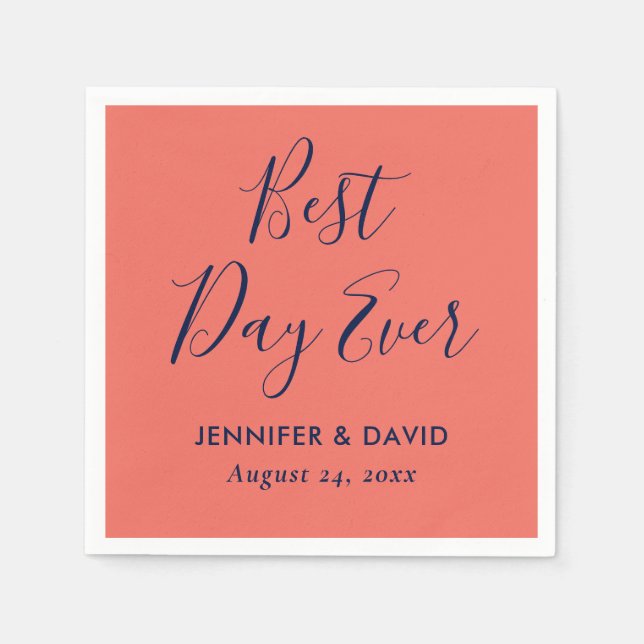 Simple Modern Navy Blue and Coral Wedding Napkins (Front)