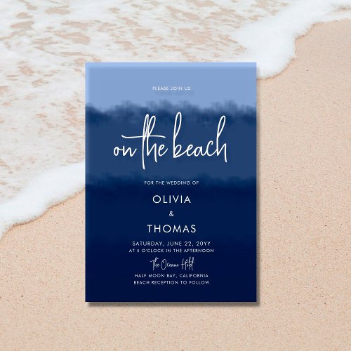 Simple Modern Navy Blue Calligraphy Beach Wedding Invitation