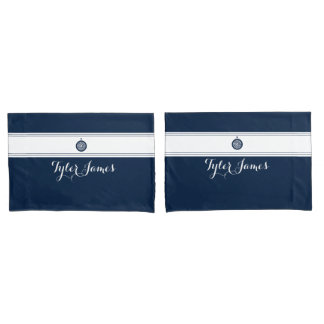 Simple Modern Navy Blue Compass Nautical Pillow Case