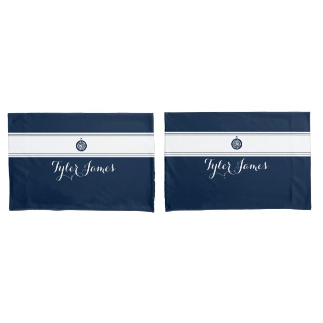 Simple Modern Navy Blue Compass Nautical  Pillow Case (Front-Set)
