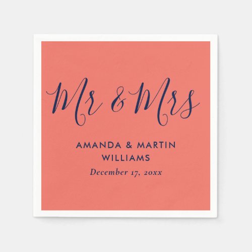 Simple Modern Navy Blue Coral Mr and Mrs Wedding Napkins