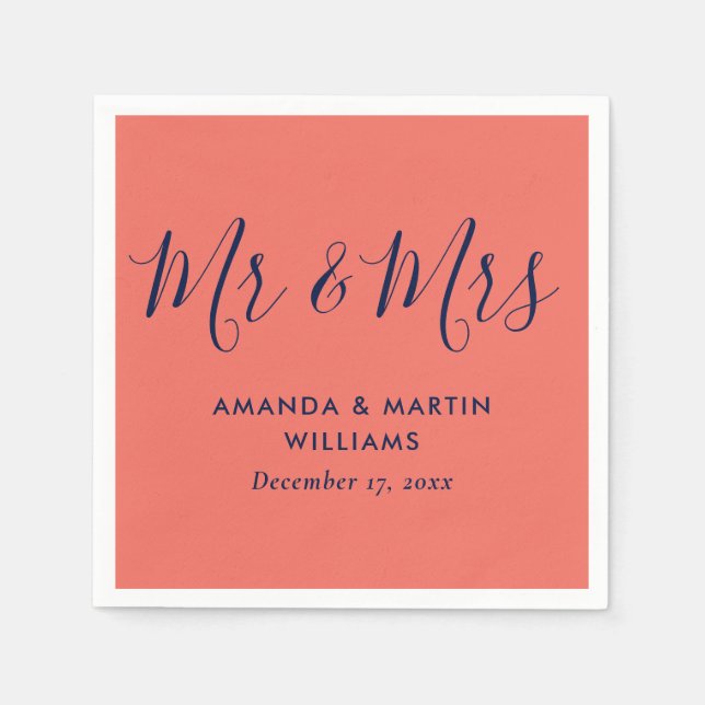Simple Modern Navy Blue Coral Mr and Mrs Wedding Napkins (Front)