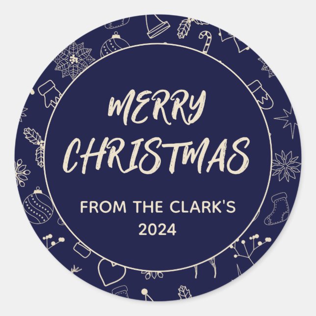 Simple Modern Navy Blue Cute Christmas Classic Round Sticker (Front)