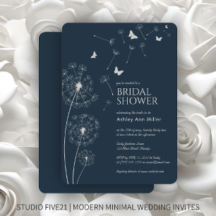 Simple Modern Navy Blue Dandelion Bridal Shower Invitation