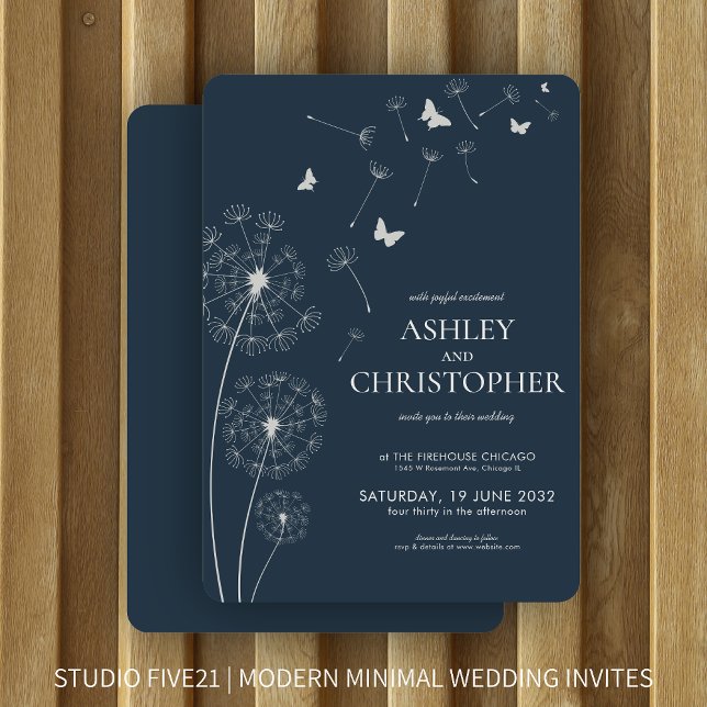 Simple Modern Navy Blue Dandelion Wedding Invitation (Creator Uploaded)