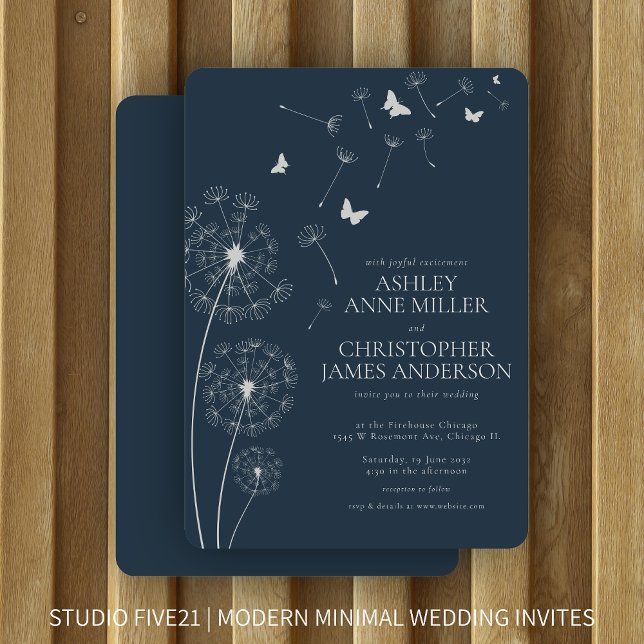 Simple Modern Navy Blue Dandelion Wedding Invitation (Creator Uploaded)
