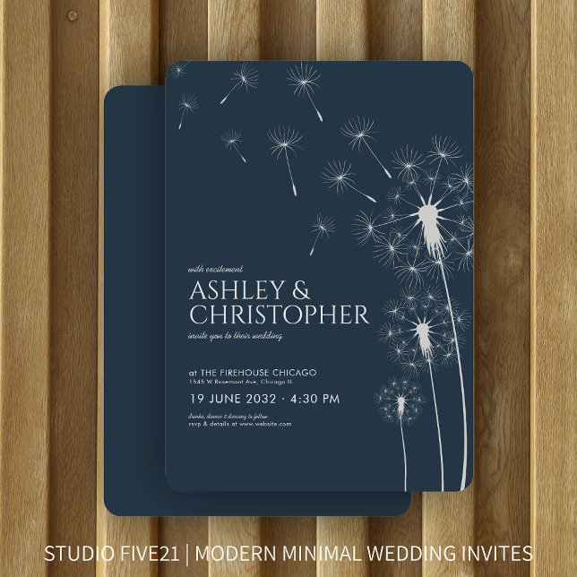 Simple Modern Navy Blue Dandelion Wedding Invitation (Creator Uploaded)