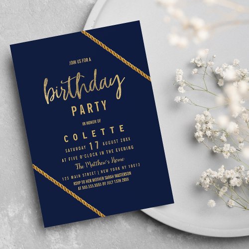 Simple modern navy blue faux gold Birthday Party Invitation