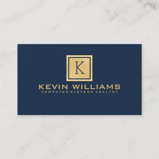Simple Modern Navy Blue & Gold Geometric Accent Business Card (Front)
