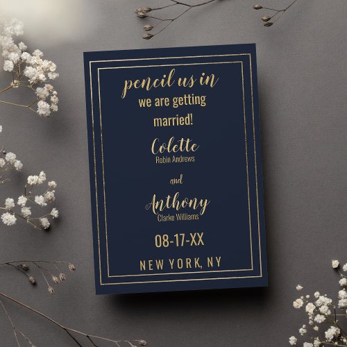 Simple Modern Navy Blue Gold Save The Date Announcement Postcard