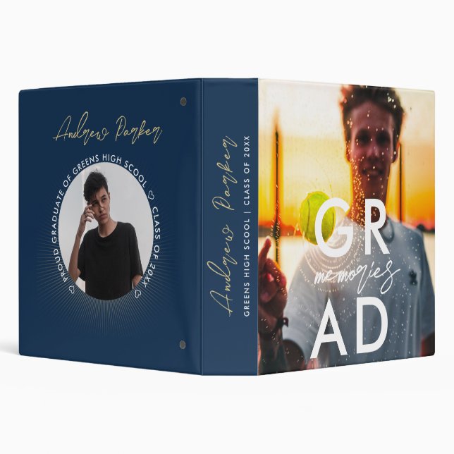 Simple Modern Navy Blue Grad Memories Photo Script 3 Ring Binder (Background)