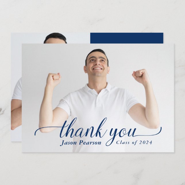 Simple Modern Navy Blue Graduation Thank you Card (Front/Back)