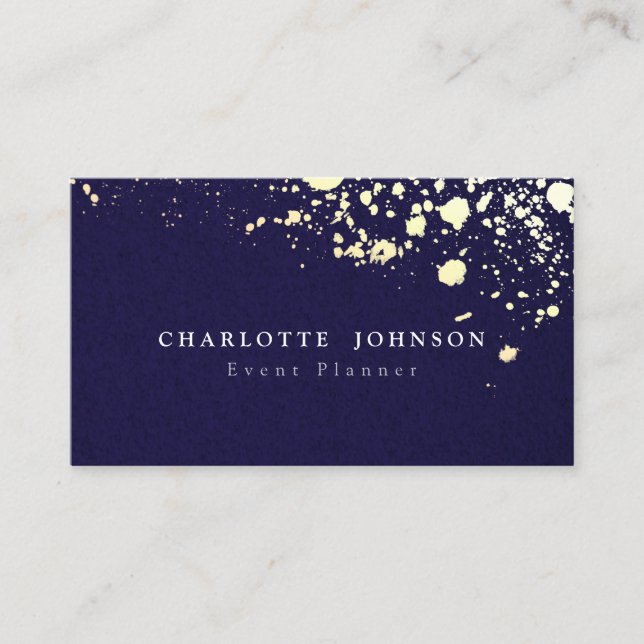 Simple Modern Navy Blue Linen Faux Gold Splatter Business Card (Front)