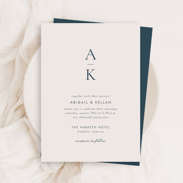 Simple Modern Navy Blue Monogram Wedding Invitation (Creator Uploaded)