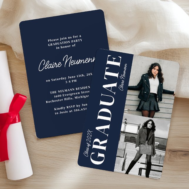 Simple Modern Navy Blue Photo Graduation Party Invitation (Creator Uploaded)