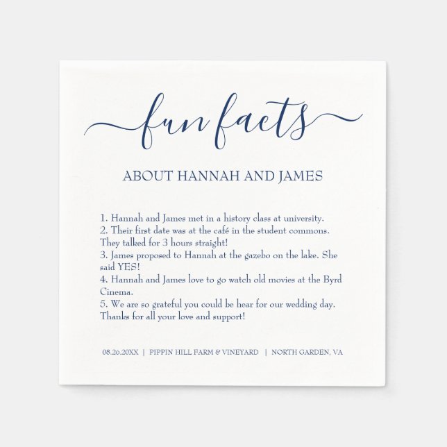 Simple Modern Navy Blue Script Fun Facts Wedding Napkins (Front)