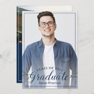 Simple Modern Navy Blue Script Graduation Photo Invitation