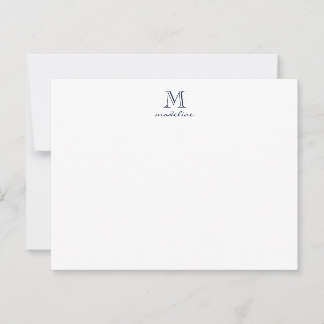 Simple Modern Navy Blue Script Monogram Note Card (Front)