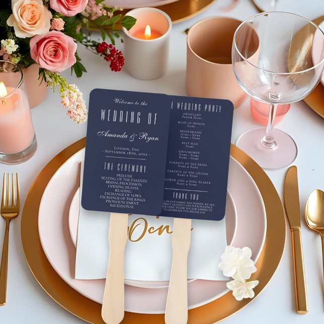 Simple Modern Navy Blue Script Wedding Program Hand Fan (Creator Uploaded)