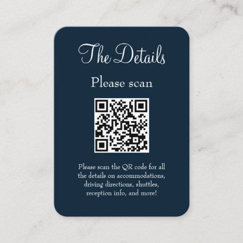 Simple Modern Navy Blue Wedding Details QR Code Enclosure Card