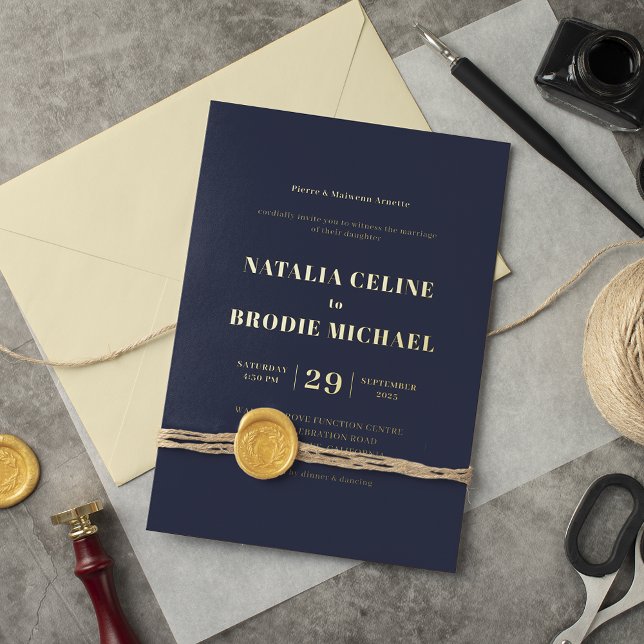 Simple Modern Navy Blue Wedding Gold  Foil Invitation (Creator Uploaded)