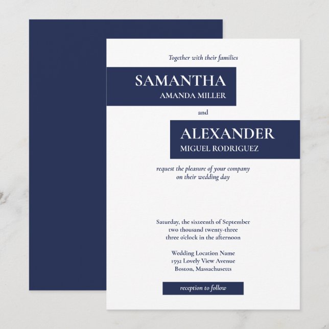 Simple Modern Navy Blue White Geometric Wedding Invitation (Front/Back)