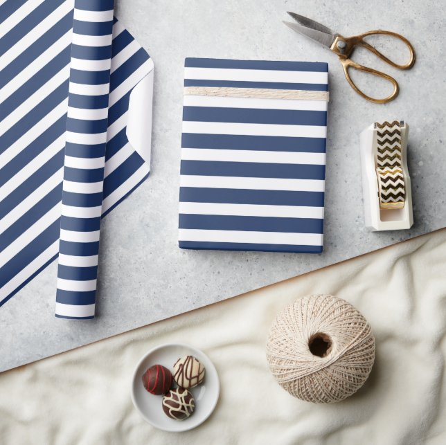 Simple Modern Navy Blue White Striped Minimalist Wrapping Paper (Crafts)