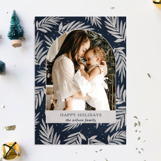 Simple Modern Navy Branches Arch Photo Holiday Postcard