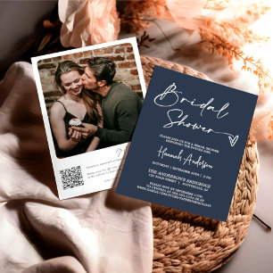 Simple Modern Navy Bridal Shower QR Code Photo Invitation