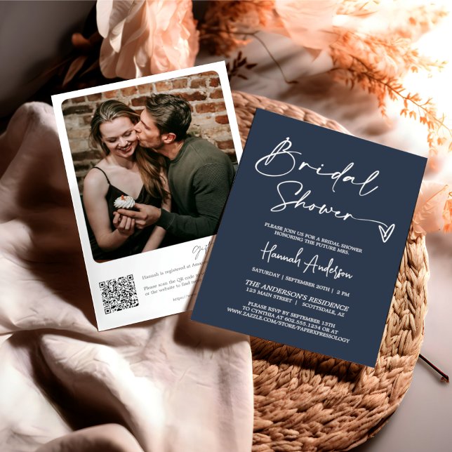 Simple Modern Navy Bridal Shower QR Code Photo Invitation (Creator Uploaded)