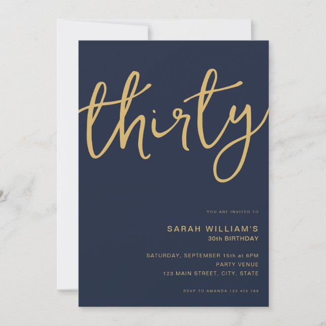 Simple Modern Navy Gold 30th Birthday Invitation (Front)