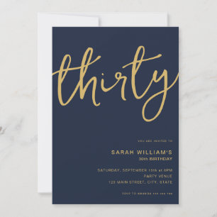 Simple Modern Navy Gold 30th Birthday Invitation