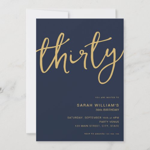 Simple Modern Navy Gold 30th Birthday Invitation