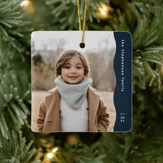 Simple modern navy one photo trendy holiday ceramic ornament (Tree)