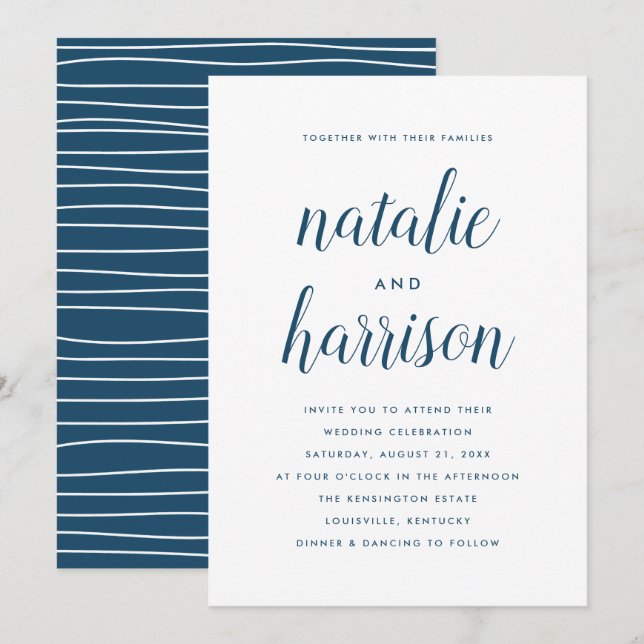 Simple Modern Navy Script Wedding Invitation (Front/Back)