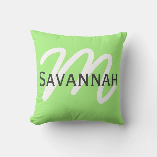 Simple Modern Neon Lime Green & Gray Monogram Throw Pillow (Front)