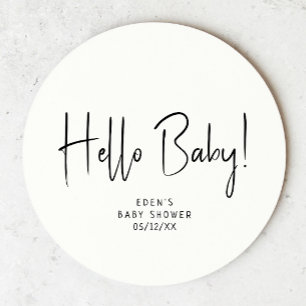 Simple Modern Neutral Baby Shower Hello Baby Round Paper Coaster