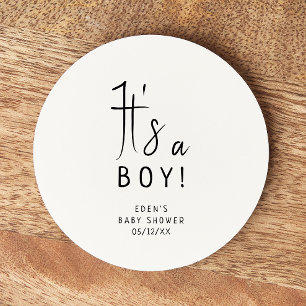 Simple Modern Neutral Baby Shower It's a Boy Round Paper Coaster