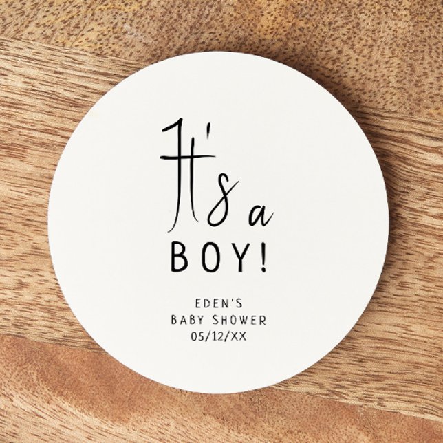 Simple Modern Neutral Baby Shower It's a Boy Round Paper Coaster (Creator Uploaded)