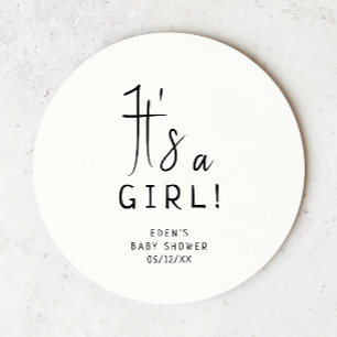 Simple Modern Neutral Baby Shower It's a Girl Round Paper Coaster