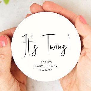 Simple Modern Neutral Baby Shower It's Twins Round Paper Coaster