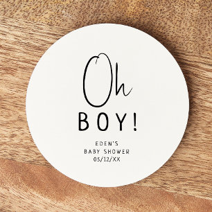 Simple Modern Neutral Baby Shower Oh Boy! Round Paper Coaster