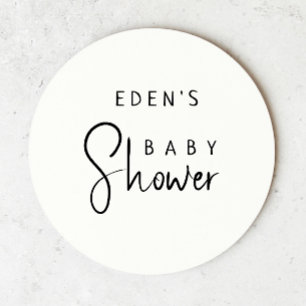 Simple Modern Neutral Baby Shower With Name Round Paper Coaster