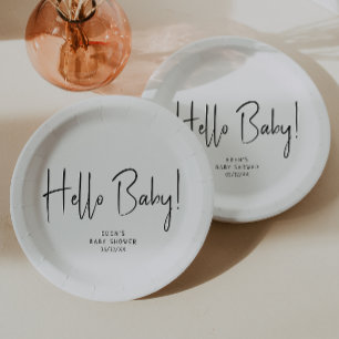 Simple Modern Neutral Hello Baby! Baby Shower Paper Plates