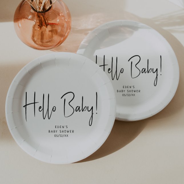 Simple Modern Neutral Hello Baby! Baby Shower Paper Plates (Creator Uploaded)