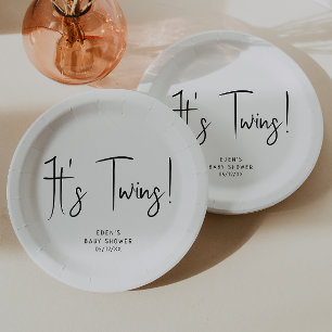 Simple Modern Neutral It's Twins Baby Shower Paper Plates