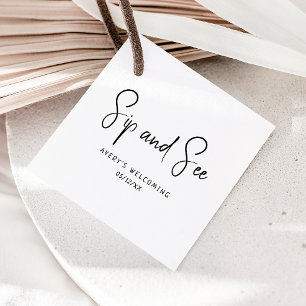 Simple Modern Neutral Sip And See Baby Shower Favor Tags