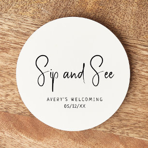 Simple Modern Neutral Sip And See Round Paper Coaster