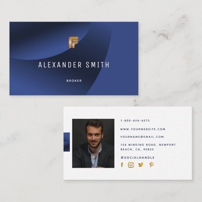 Simple Modern Office Blue Gold Professional Photo Business Card (Front/Back)